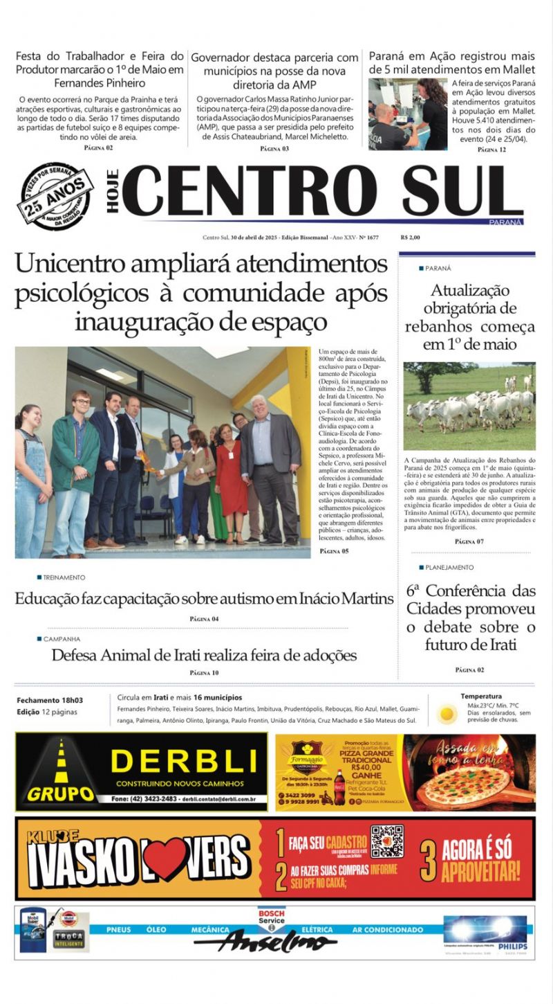A Edição 1677 do Jornal Hoje Centro Sul já está nas bancas! 🗞️📰